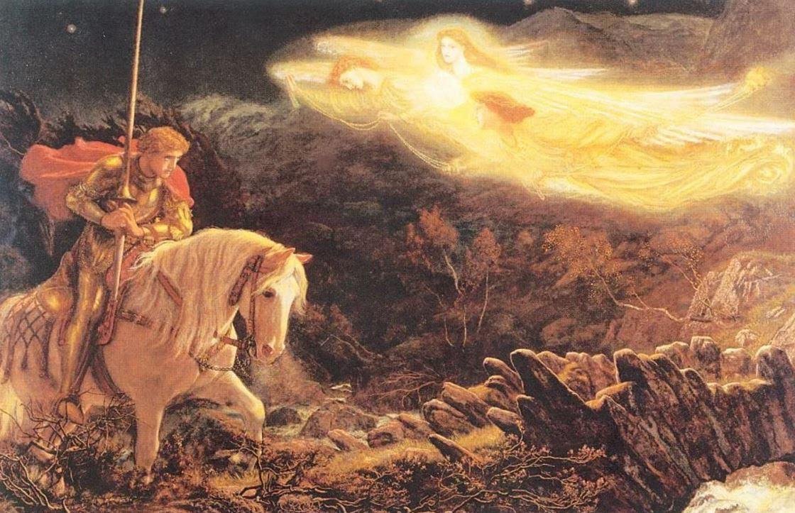 A painting: an armoured knight on a white horse beholding a radiant golden vision of angelic figures in the night sky