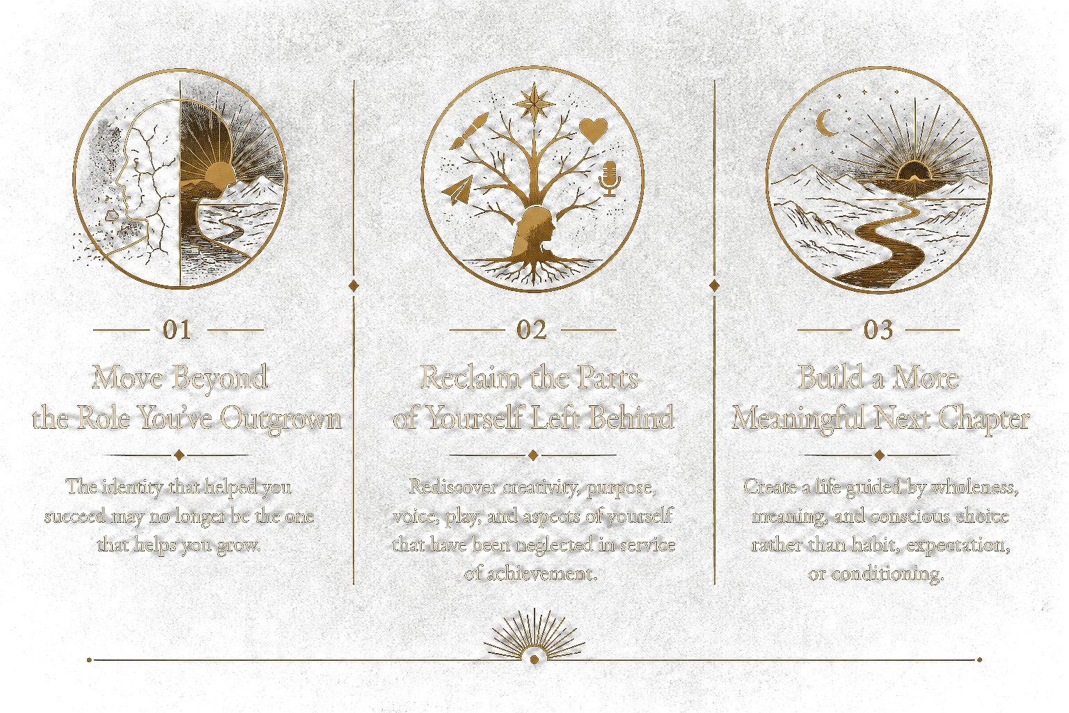 Three movements of the work: Move beyond the role you've outgrown · Reclaim the parts of yourself left behind · Build a more meaningful next chapter