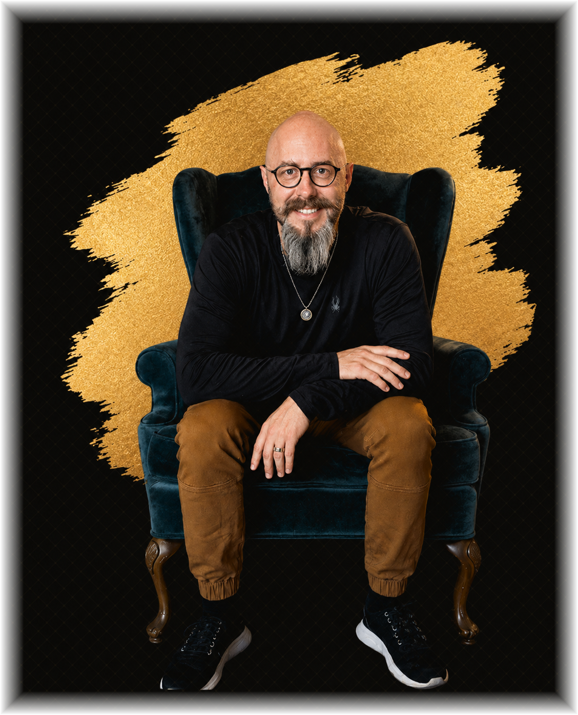 Portrait seated in a velvet wing chair