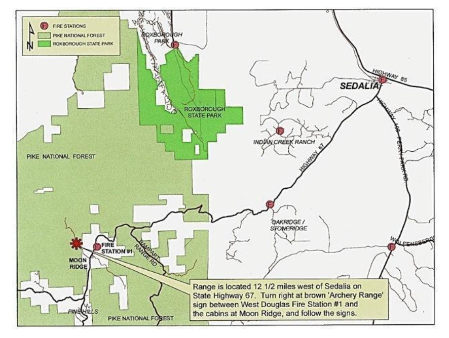 Map showing the archery range location west of Sedalia, CO